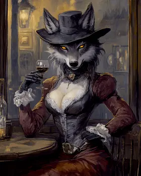 Dark Wolf Gentlelady - Anthropomorphic Wall Art Prints – 8″x10″ Artwork for 11″x14″ Frame