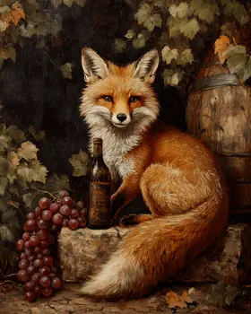Red Fox & Wine Bottle - Animal Still Life Wall Art Prints – 8″x10″ Artwork for 11″x14″ Frame