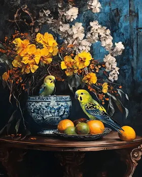 Pair of Parakeets - Animal Still Life Wall Art Prints – 8″x10″ Artwork for 11″x14″ Frame
