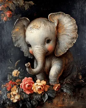 Happy Baby Elephant - Animal Still Life Wall Art Prints – 8″x10″ Artwork for 11″x14″ Frame