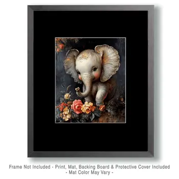 Happy Baby Elephant - Animal Still Life Wall Art Prints – 8″x10″ Artwork for 11″x14″ Frame