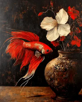 Red Betta Siamese Fighting Fish - Animal Still Life Wall Art Prints – 8″x10″ Artwork for 11″x14″ Frame