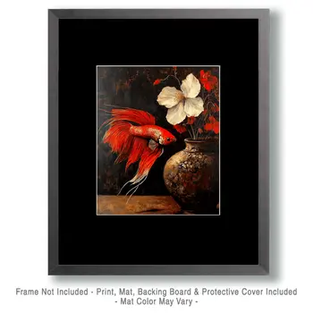 Red Betta Siamese Fighting Fish - Animal Still Life Wall Art Prints – 8″x10″ Artwork for 11″x14″ Frame