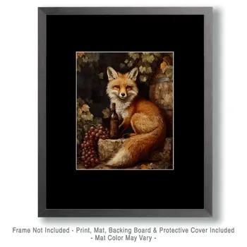 Red Fox & Wine Bottle - Animal Still Life Wall Art Prints – 8″x10″ Artwork for 11″x14″ Frame