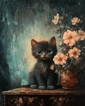 Vintage Black Cat kitten - Animal Still Life Wall Art Prints – 8″x10″ Artwork for 11″x14″ Frame