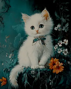 Vintage White Kitten - Animal Still Life Wall Art Prints – 8″x10″ Artwork for 11″x14″ Frame