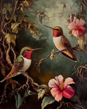 Vintage Hummingbird Pair - Animal Still Life Wall Art Prints – 8″x10″ Artwork for 11″x14″ Frame