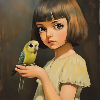 Elsie with parakeet: Big Eyes Low Brow, High Brow Art Wall Art Prints - 8"x10" Art Print for 11"x14" Frame - 8"x10" Art Print for 11"x14" Frame