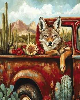 Coyote in Red Pick-Up Truck - Southwest Bathroom Wall Art Prints – 8″x10″ Artwork for 11″x14″ Frame