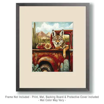 Coyote in Red Pick-Up Truck - Southwest Bathroom Wall Art Prints – 8″x10″ Artwork for 11″x14″ Frame