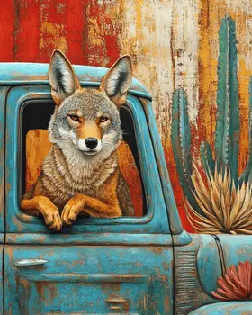 Coyote in Pick-Up Truck - Southwest Bathroom Wall Art Prints – 8″x10″ Artwork for 11″x14″ Frame