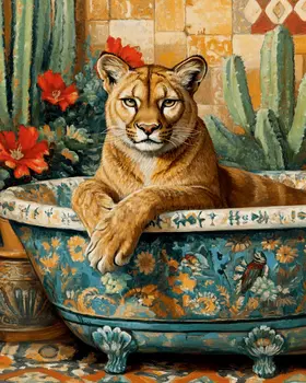Desert Mountain Lion in Bathtub - Southwest Bathroom Wall Art Prints – 8″x10″ Artwork for 11″x14″ Frame