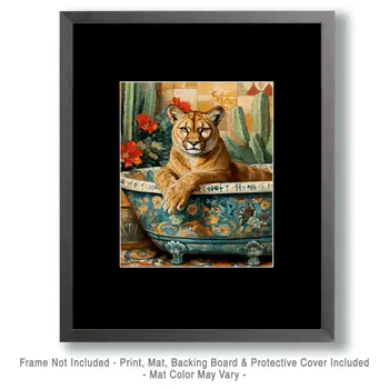 Desert Mountain Lion in Bathtub - Southwest Bathroom Wall Art Prints – 8″x10″ Artwork for 11″x14″ Frame