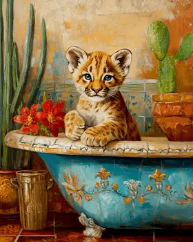 Desert Mountain Lion Cub in Bathtub - Southwest Bathroom Wall Art Prints – 8″x10″ Artwork for 11″x14″ Frame