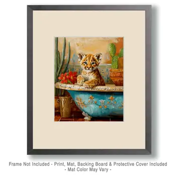 Desert Mountain Lion Cub in Bathtub - Southwest Bathroom Wall Art Prints – 8″x10″ Artwork for 11″x14″ Frame