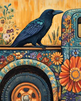 Raven on Pick-Up Truck - Southwest Bathroom Wall Art Prints – 8″x10″ Artwork for 11″x14″ Frame
