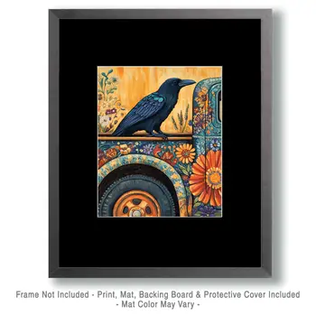 Raven on Pick-Up Truck - Southwest Bathroom Wall Art Prints – 8″x10″ Artwork for 11″x14″ Frame