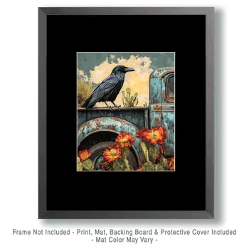 Crow on Pick-Up Truck - Southwest Bathroom Wall Art Prints – 8″x10″ Artwork for 11″x14″ Frame