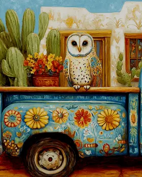Owl on Pick-Up Truck - Southwest Bathroom Wall Art Prints – 8″x10″ Artwork for 11″x14″ Frame