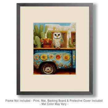 Owl on Pick-Up Truck - Southwest Bathroom Wall Art Prints – 8″x10″ Artwork for 11″x14″ Frame