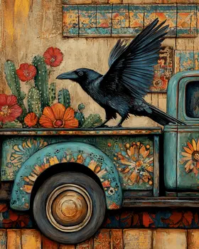 Raven on Back of Pick-Up Truck - Southwest Bathroom Wall Art Prints – 8″x10″ Artwork for 11″x14″ Frame