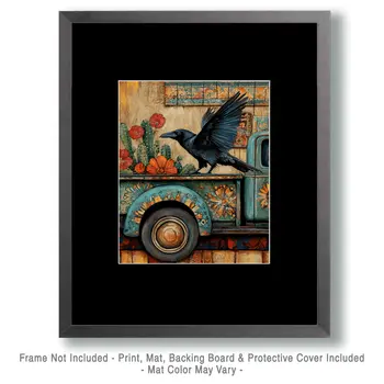 Raven on Back of Pick-Up Truck - Southwest Bathroom Wall Art Prints – 8″x10″ Artwork for 11″x14″ Frame