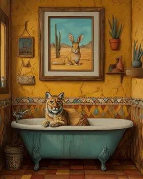 Mountain Lion in Bathtub Below Pic of Rabbit - Southwest Bathroom Wall Art Prints – 8″x10″ Artwork for 11″x14″ Frame
