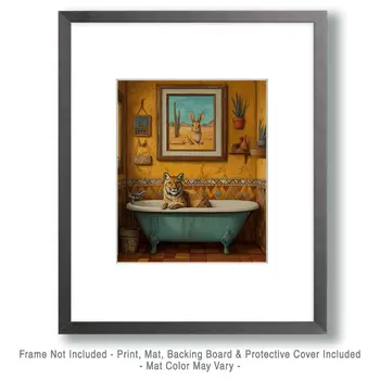 Mountain Lion in Bathtub Below Pic of Rabbit - Southwest Bathroom Wall Art Prints – 8″x10″ Artwork for 11″x14″ Frame