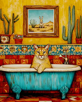 SW Mountain Lion in Bathtub - Southwest Bathroom Wall Art Prints – 8″x10″ Artwork for 11″x14″ Frame