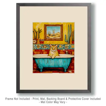 SW Mountain Lion in Bathtub - Southwest Bathroom Wall Art Prints – 8″x10″ Artwork for 11″x14″ Frame