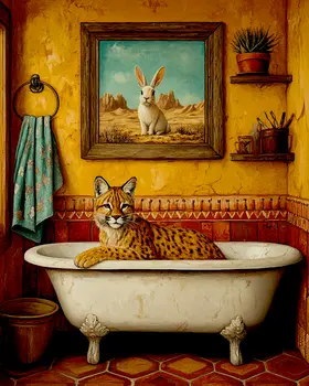 Coyote in Red Pick-Up Truck - Southwest Bathroom Wall Art Prints – 8″x10″ Artwork for 11″x14″ Frame