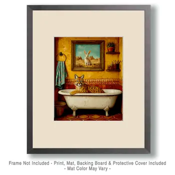 Coyote in Red Pick-Up Truck - Southwest Bathroom Wall Art Prints – 8″x10″ Artwork for 11″x14″ Frame