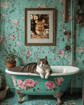 Cat in Bathtub with Framed Pic of Mouse - Bathroom Wall Art Prints – 8″x10″ Artwork for 11″x14″ Frame