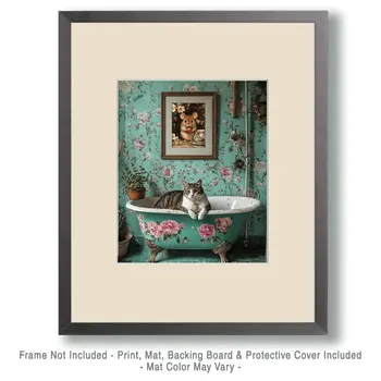 Cat in Bathtub with Framed Pic of Mouse - Bathroom Wall Art Prints – 8″x10″ Artwork for 11″x14″ Frame