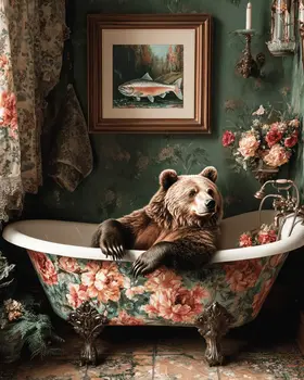 Bear in Bathtub with Framed Pic of Salmon - Bathroom Wall Art Prints – 8″x10″ Artwork for 11″x14″ Frame