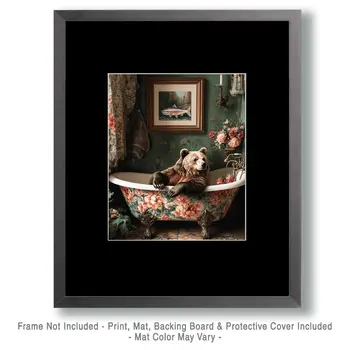 Bear in Bathtub with Framed Pic of Salmon - Bathroom Wall Art Prints – 8″x10″ Artwork for 11″x14″ Frame