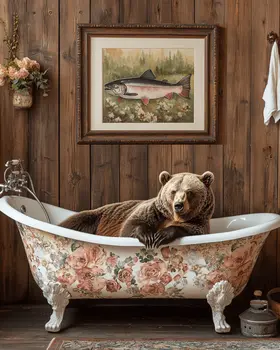 Grizzly Bear in Bathtub with Framed Pic of Salmon - Bathroom Wall Art Prints – 8″x10″ Artwork for 11″x14″ Frame