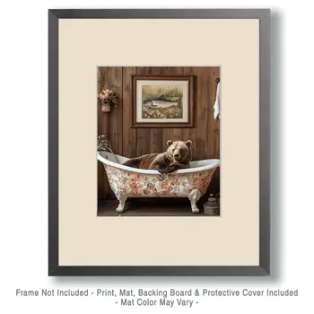 Grizzly Bear in Bathtub with Framed Pic of Salmon - Bathroom Wall Art Prints – 8″x10″ Artwork for 11″x14″ Frame