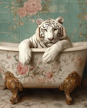 White Tiger in Bathtub - Bathroom Wall Art Prints – 8″x10″ Artwork for 11″x14″ Frame