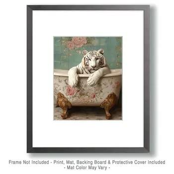 White Tiger in Bathtub - Bathroom Wall Art Prints – 8″x10″ Artwork for 11″x14″ Frame
