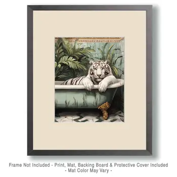 Relaxing White Tiger in Bathtub - Bathroom Wall Art Prints – 8″x10″ Artwork for 11″x14″ Frame
