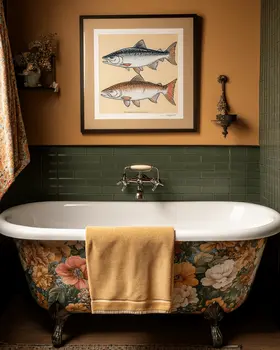 Painted Bathtub with Pic of Salmon - Bathroom Wall Art Prints – 8″x10″ Artwork for 11″x14″ Frame
