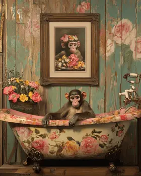 Monkey in Bathtub with Framed Pic of Sweetheart - Bathroom Wall Art Prints – 8″x10″ Artwork for 11″x14″ Frame