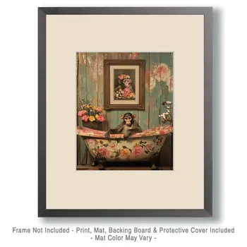 Monkey in Bathtub with Framed Pic of Sweetheart - Bathroom Wall Art Prints – 8″x10″ Artwork for 11″x14″ Frame