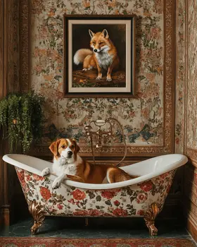 Foxhound in Bathtub with Framed Pic of a Fox - Bathroom Wall Art Prints – 8″x10″ Artwork for 11″x14″ Frame