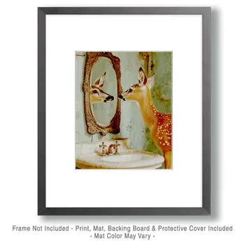 Deer Looking in Mirror - Bathroom Wall Art Prints – 8″x10″ Artwork for 11″x14″ Frame