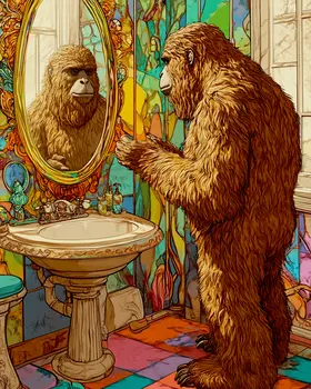 Bigfoot Looking in Mirror - Bathroom Wall Art Prints – 8″x10″ Artwork for 11″x14″ Frame