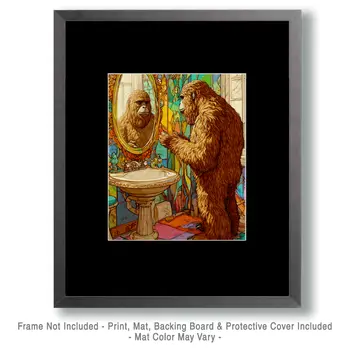 Bigfoot Looking in Mirror - Bathroom Wall Art Prints – 8″x10″ Artwork for 11″x14″ Frame