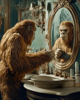 Sasquatch Looking in Mirror - Bathroom Wall Art Prints – 8″x10″ Artwork for 11″x14″ Frame