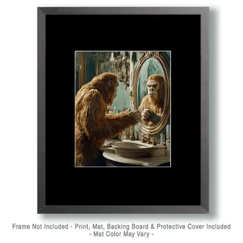 Sasquatch Looking in Mirror - Bathroom Wall Art Prints – 8″x10″ Artwork for 11″x14″ Frame